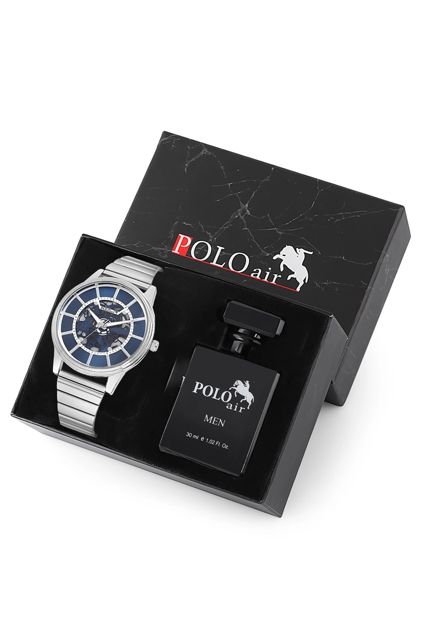 Polo Air Erkek Kol Saati Ve Parfüm Seti Hediyelik Kutusunda Kombin Gümüş-İçi Lacivert PL-0713E2