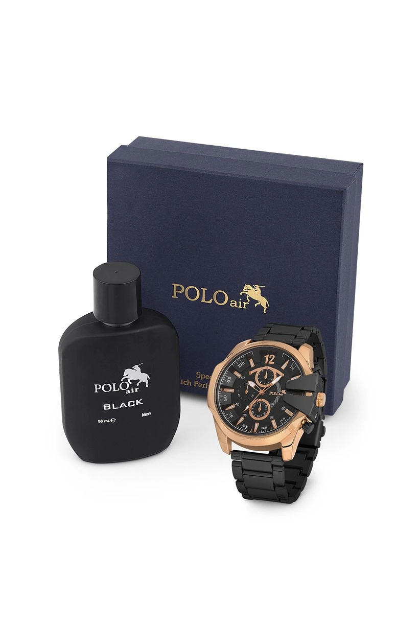 Polo Air Erkek Kol Saati Ve Parfüm Seti Hediyelik Kutusunda Kombin Siyah-Bakır Renk PL-0762E7