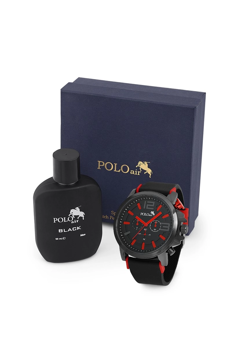 Polo Air Erkek Kol Saati Ve Parfüm Seti Hediyelik Kutusunda Kombin Siyah-Kırmızı Renk PL-0767E2
