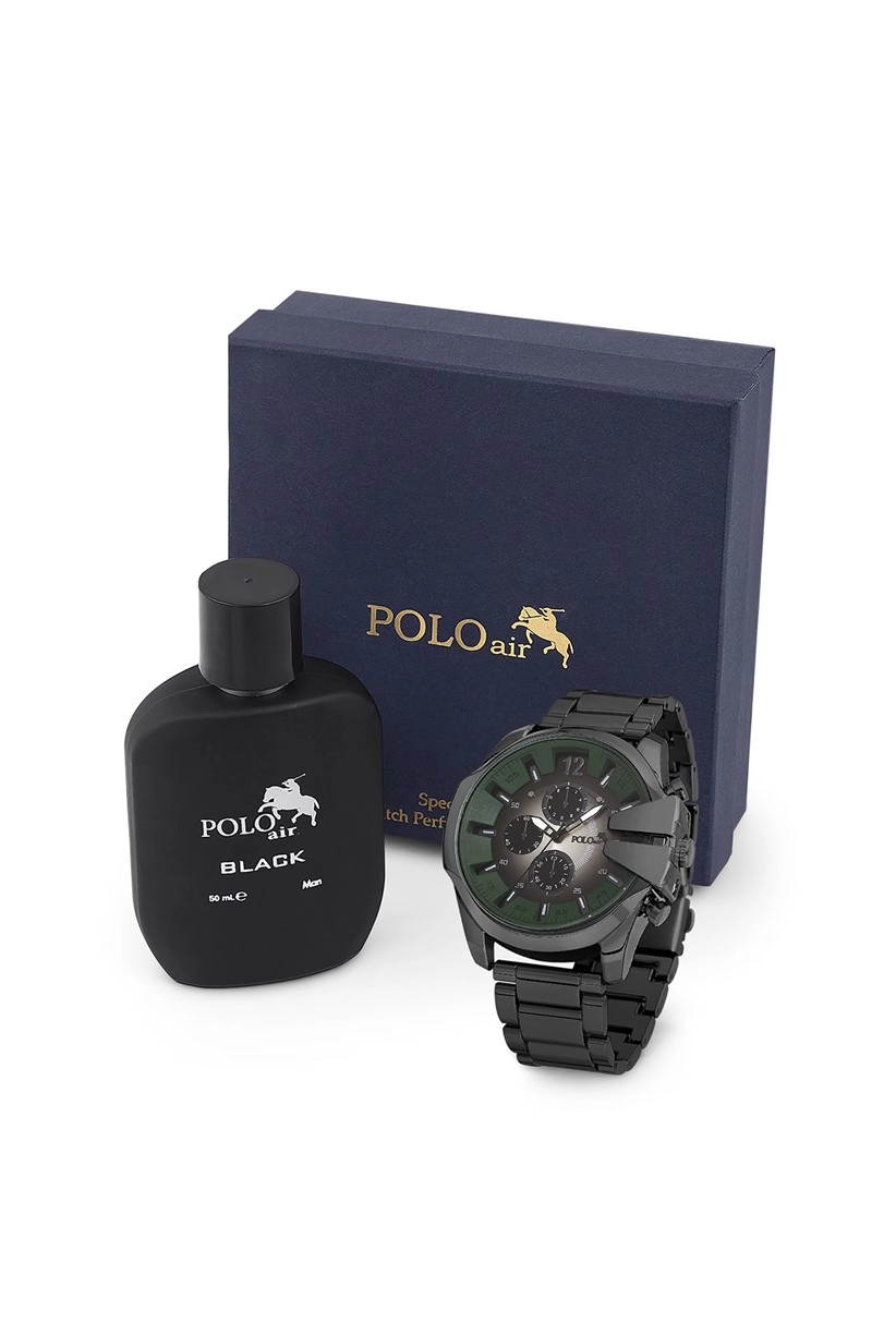 Polo Air Erkek Kol Saati Ve Parfüm Seti Hediyelik Kutusunda Kombin Siyah-Yeşil Renk PL-0762E12