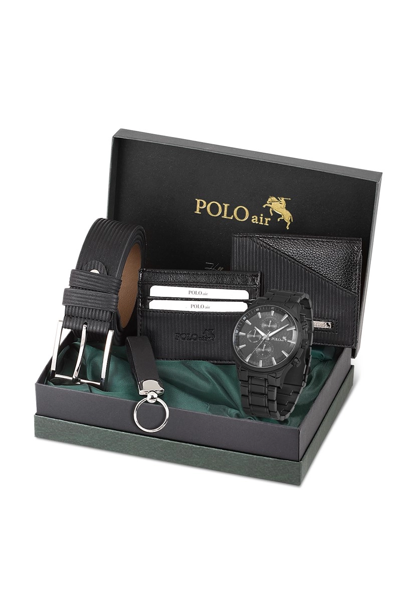 Polo Air Erkek Kombin Set Kol Saati Cüzdan Kartlık Kemer Anahtarlık Özel Kutusunda Siyah Set PL-0706E1
