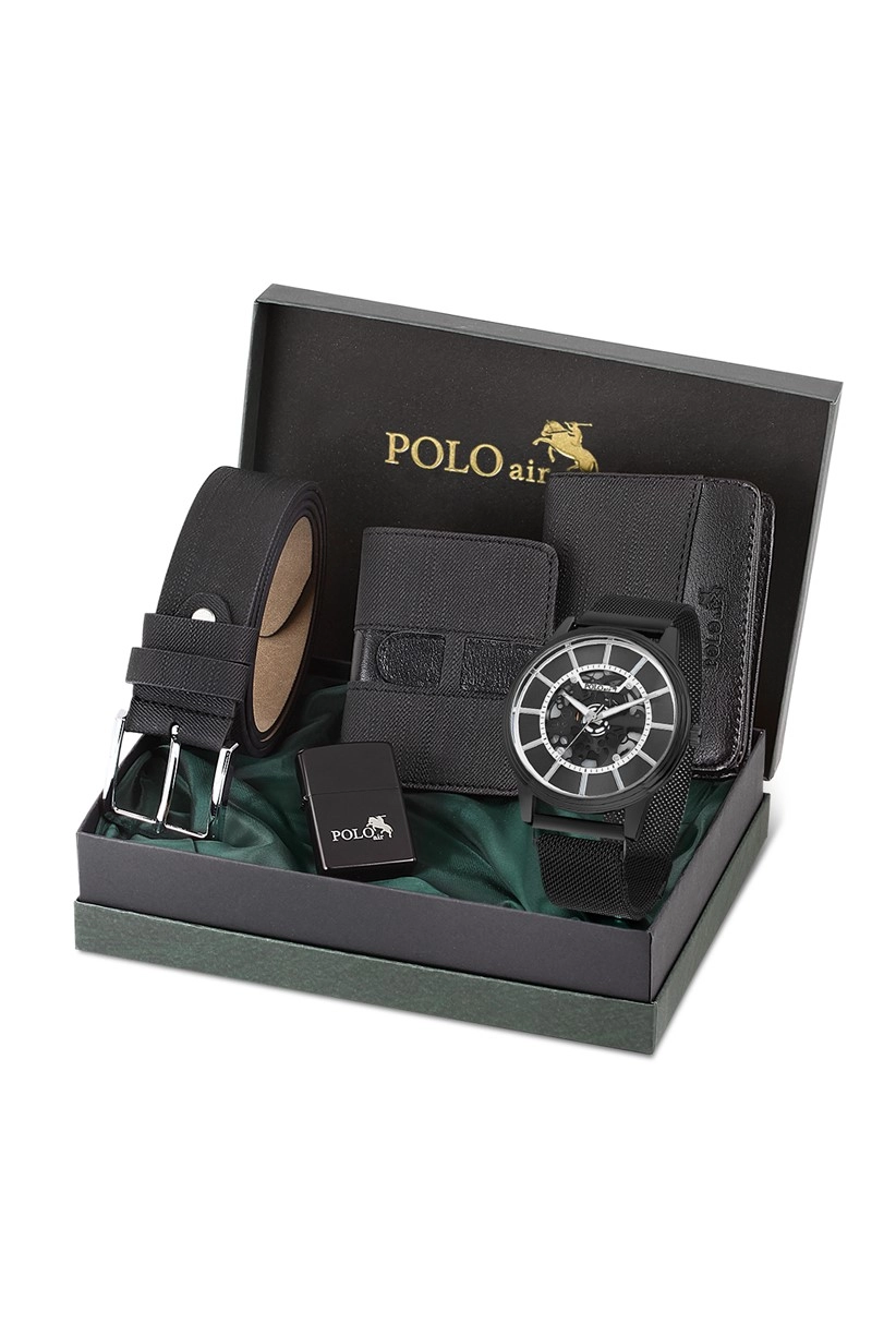 Polo Air Erkek Kombin Set Kol Saati Cüzdan Kartlık Kemer Çakmak Özel Kutusunda Siyah Renk PL-0705E1