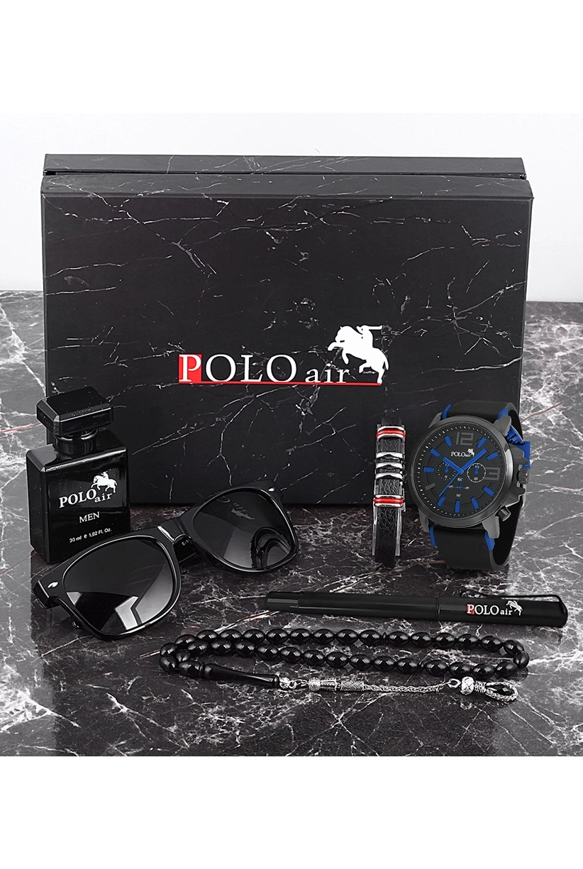 Polo Air Erkek Set Saat Gözlük Parfüm Tesbih Kalem Bileklik Özel Kutulu Siyah-Mavi Renk 