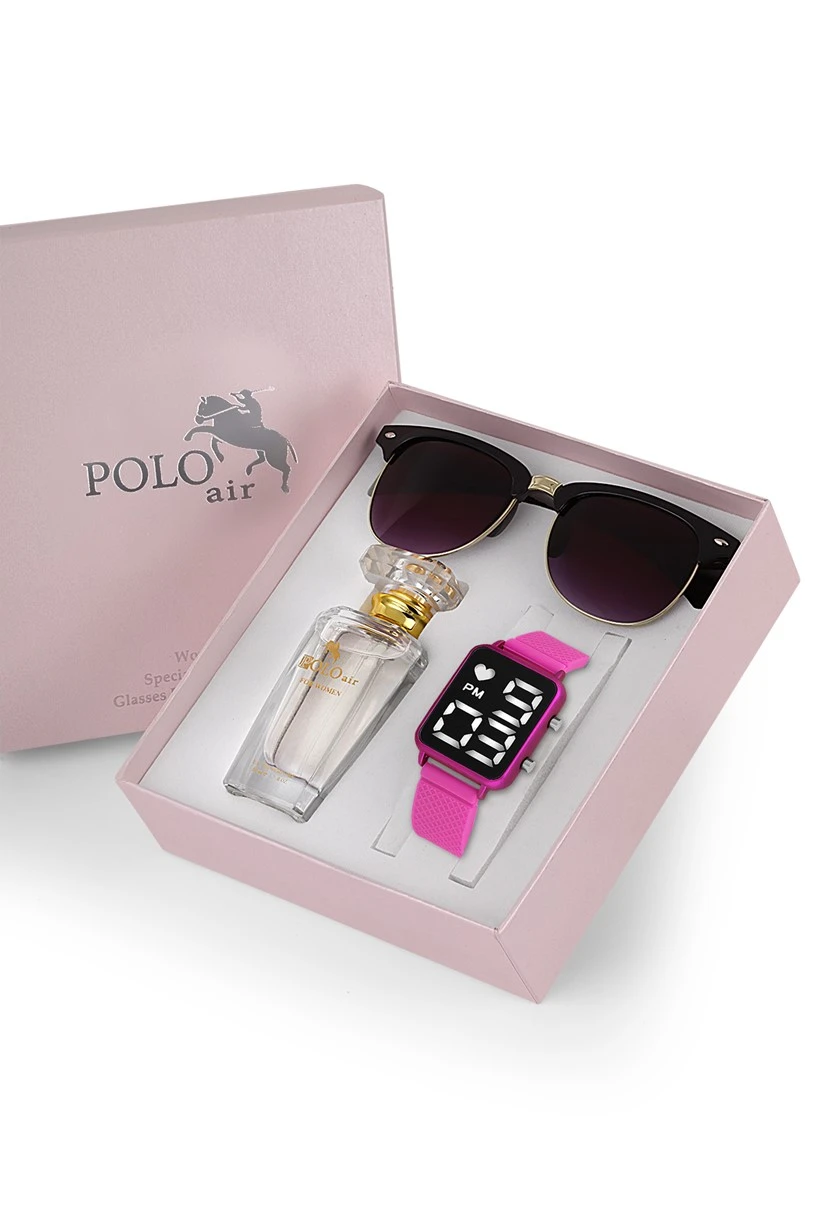 Polo Air Premium Set Dijital  Kadın Kol Saati Gözlük Parfüm Set Kombin Koyu Pembe Renk st-2090s3