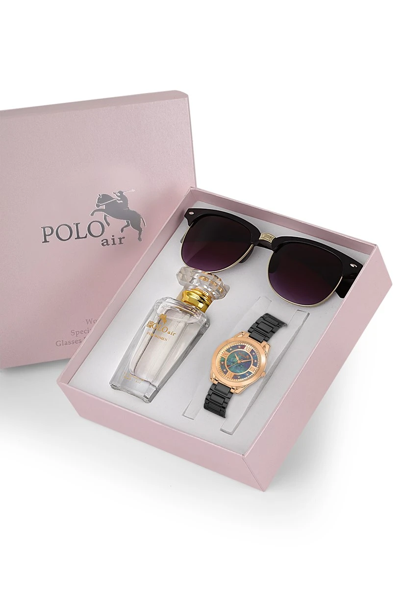 Polo Air Premium Set Kadın Kol Saati Gözlük Parfüm Set Kombin Siyah Renk st-2080s4
