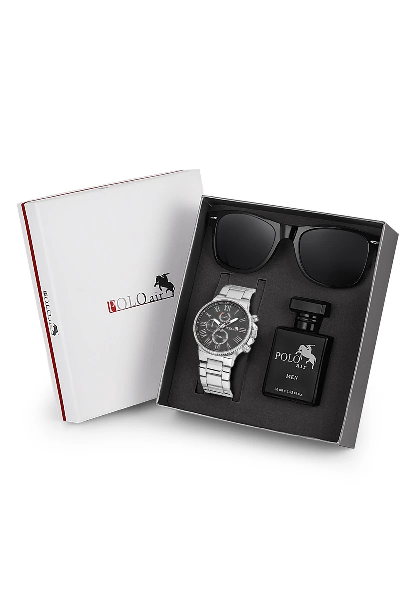 Polo Air Premium Set Kombin Erkek Kol Saati Parfüm Gözlük Set Gümüş-Siyah Renk PL-0704E4