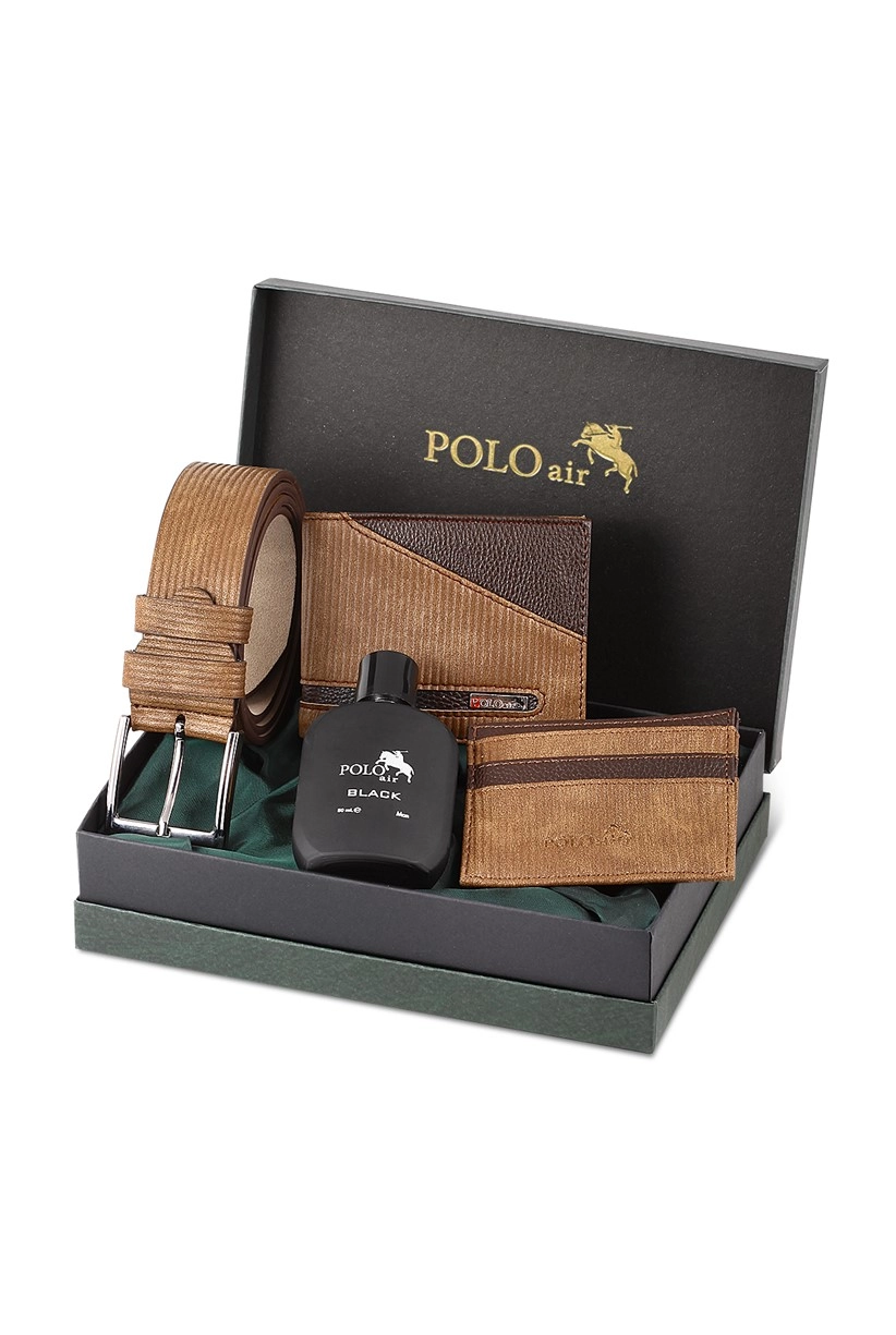 Polo Air Su Yolu Desen Cüzdan Kartlık Kemer Parfüm Seti Vizon PM-15-V