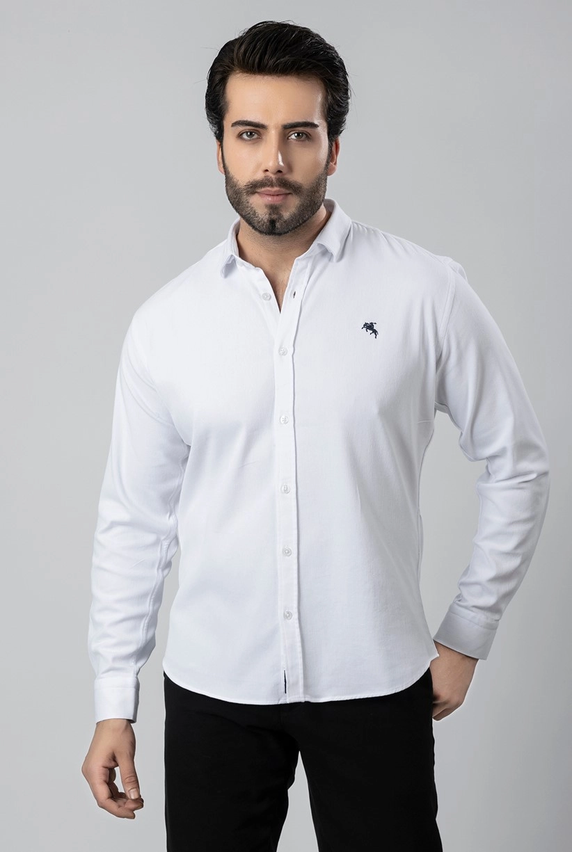 Erkek Gömlek Slimfit Likralı Kumaş Uzun Kol PA-180 Beyaz Renk Lacivert Logo PA-180-BL