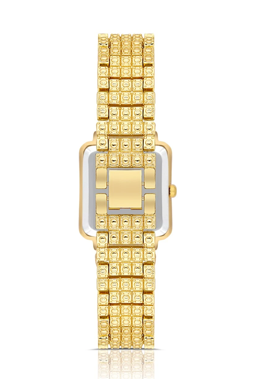 Bol Taşlı Kare Vintage Kadın Kol Saati Zirkon Taşlı Bileklik Kombin Altın Renk PL-1447B1